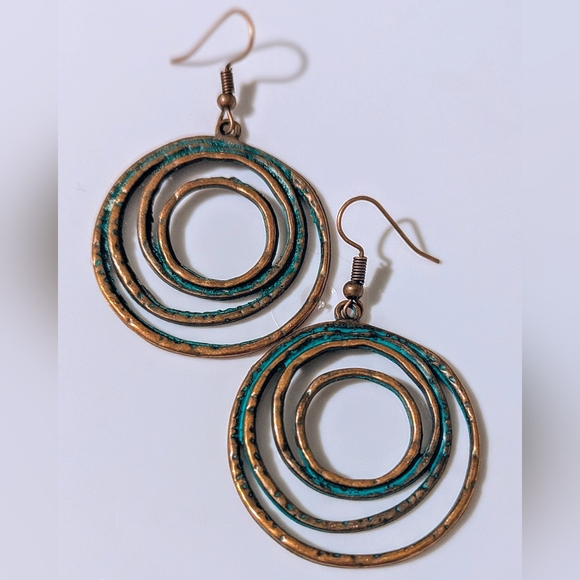 Boho Layered Circle Dangle Drop Earrings Vintage Petinaed Copper/Bronze Handmade - Picture 13 of 14